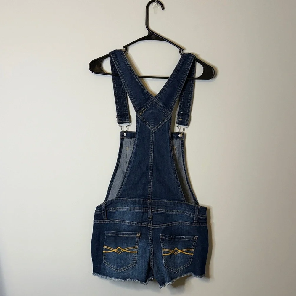 Mudd Dark Blue Denim Overall Shorts Floral Pockets Medium - Picture 6 of 9